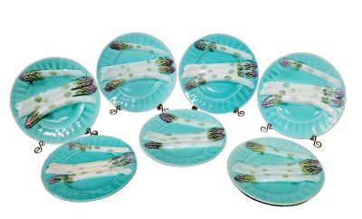 Lot of 7 French Majolica KG Luneville asparagus plates. Lot of 7 French Majolica Depose KG 