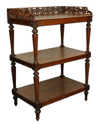 French tiered oak etagere with pierce carved gallery. Late 19th century. 42 1/2"h x 29 1/4"w x 19"d