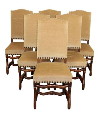 Set of 6 French os du mouton side chairs with studded mohair upholstery. Mid 20th century. 42"h 