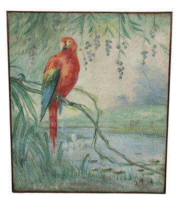 French oil on canvas painting of a Parrot. Signed lower right J. Mazelle. Early 20th century. 
