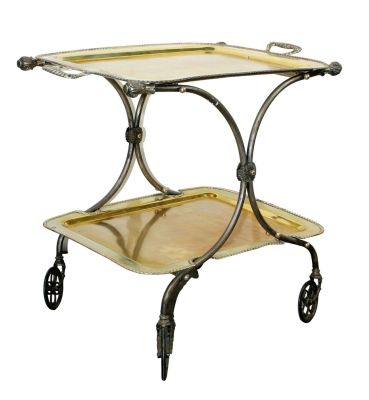 French 2-tier silver plated serving bar cart. Removable tray. Early 20th century. 28 1/2"h x 30 