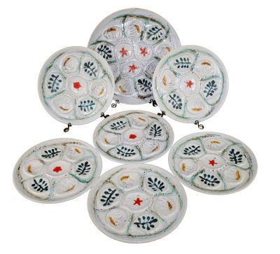 Lot of 6 French Pornic Penerff hand painted ceramic oyster plates with platter. From Brittany 