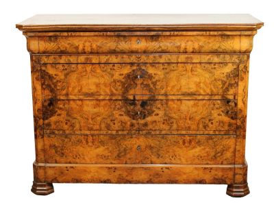 French Louis Philippe commode in burl walnut with wood top. 19th century. 38 1/2"h x 50 3/4"w x 