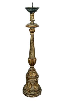 French painted and parcel giltwood candle stick. 19th century. 44"h x 9" dia