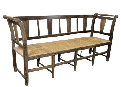 French Louis Philippe farmhouse bench with rush seat. Mid 19th century. 32 3/4"h x 72 3/4"l x 20 