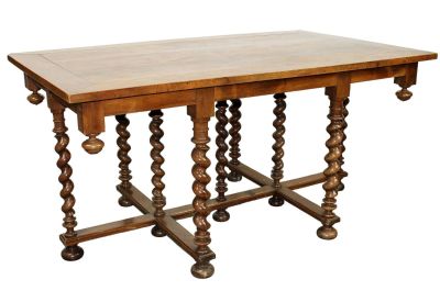 French walnut 9 leg barley twist center table. Late 19th century. 29 1/4"h x 59"w x 35 3/8"d 