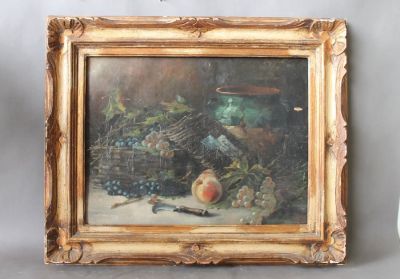 French school oil on canvas still life with fruit. Early 20th century. 18"h x 23 1/2" Framed 