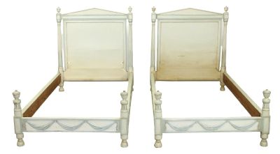 Pair of French Directoire painted peak top twin beds. Pair of French Directoire style painted 