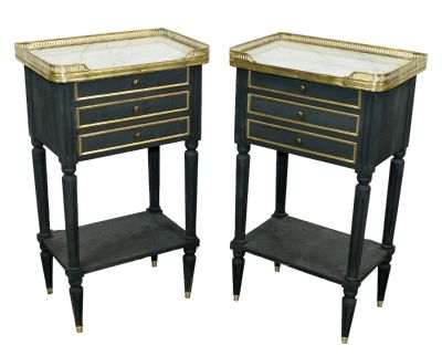 Pair of French Louis XVI ebonized night tables with marble top and brass gallery. Early 20th 