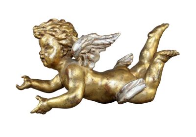 Italian gilt wood cherub figure. Mid 20th century. 5 1/2" h x 6" w x 10 1/4" d (approx)