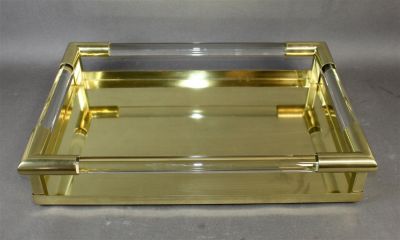 French brass and glass tray 4 1/2" h x 24 1/4" w x 16 1/4" d