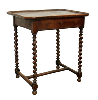 French Louis XIII cabaret side table in walnut on barley twist legs. Single drawer. 19th 