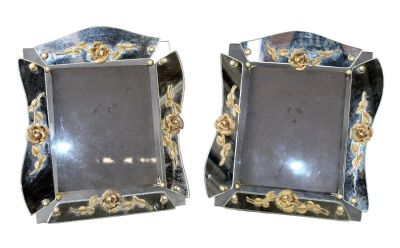 Pair of Venetian glass picture frames with raised gilt metal flowers. Mid 20th century. 