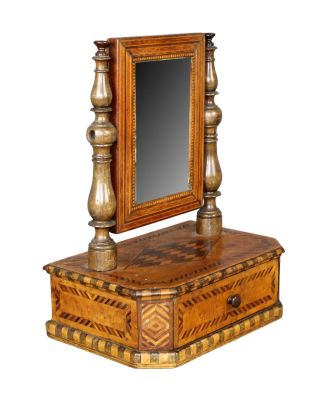 Diminuitive Italian Milanese inlaid vanity mirror with drawer. Diminutive Italian Milanese 
