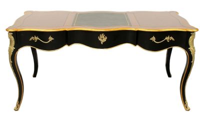 French Heritage Louis XV style bureau plat desk in ebonized and stained mahogany with bronze 