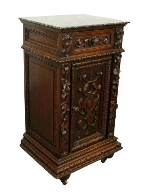 French Renaissance Revival carved oak nightstand with marble top. Late 19th century. 31"h x 16 