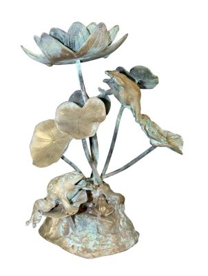 Verdigris bronze miniature fountain with frog and lily pads. 16" h x 12 1/2" w x 10 1/4" d (approx)