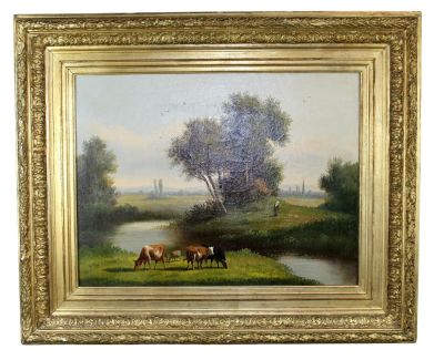 French oil on canvas painting of pastoral scene with cows in ornately gilt frame Overall: 29 