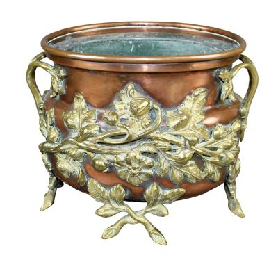 French copper cache pot with bronze flowers in relief. Marked with conjoined G oon bottom and 