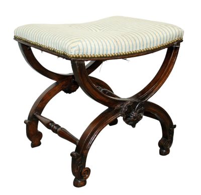 French carved curule stool with upholstered seat. Late 20th century. 19 1/2"h x 19 1/2"w x 16"d