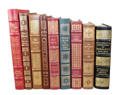 Lot of 9 Easton Press leather bound books. 11 1/2" h x 7" w - 9" h x 6 1/2" w (approx)