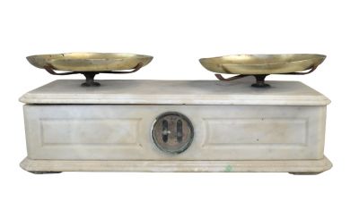 French white marble mercantile scale with brass pans. Early 20th century. Overall: 6 1/2" h x 