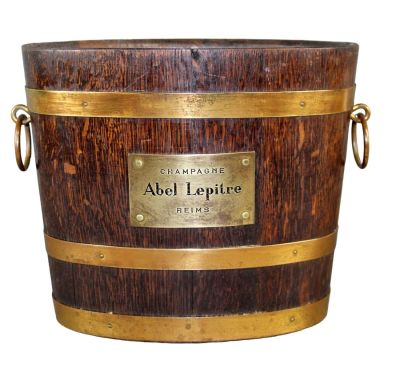 French Abel Lepitre oak champagne bucket with brass bands and removeable insert. Mid 20th 