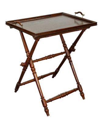 French wooden tray table on faux bamboo folding stand. Mid 20th century. 30"h x 26 1/4"w x 19"d