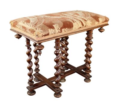 French walnut multi-leg barley twist bench with upholstered seat. Late 19th century. 17" h x 20 