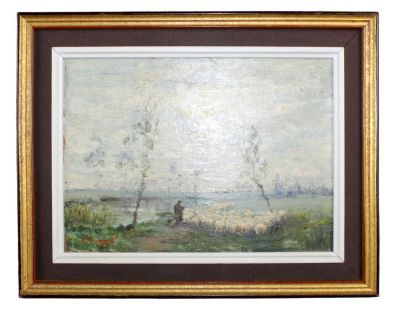 French oil on board painting of shepherd with his sheep, siged l/l . Label on back from Salon 