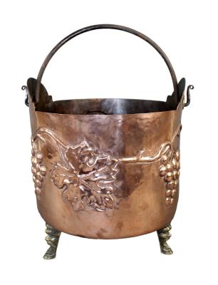 French embossed copper cache pot with grapevines and iron handle. On figural bronze feet. Early 