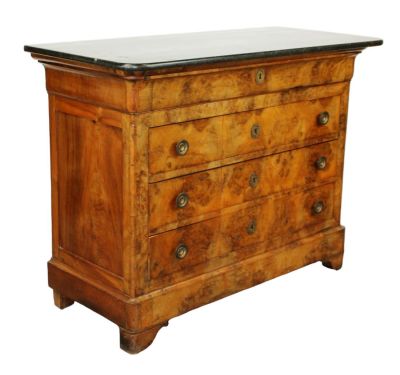 French Louis Philippe commode in burl walnut with marble top. 19th century. 38 1/2"h x 50"w x 23"d