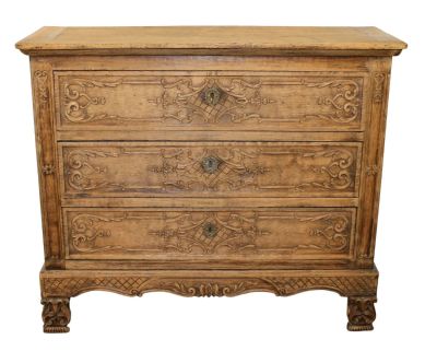 French Regency carved oak 3 drawer commode. Late 19th century. 37 1/8"h x 45 1/2"w x 18 1/2"d
