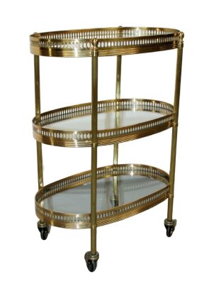 French 3 tier brass & glass rolling bar cart. French 3 tier brass &amp; glass rolling bar cart. 