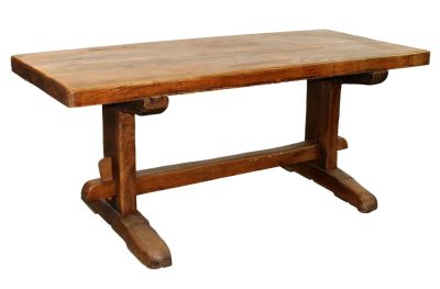 French trestle table in oak. 20th century. 29"h x 67 1/4"w x 29 1/4"d