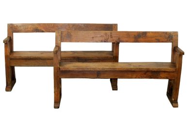 Pair of French oak farmhouse benches. Early 20th century. 32 1/4"h x 56"w x 14 1/4"d, seat 