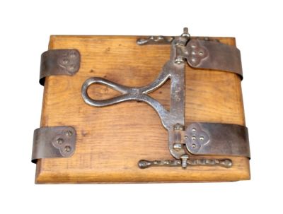 Unusual French oak & iron book press. Unusual French oak &amp; iron book press in the form of a 