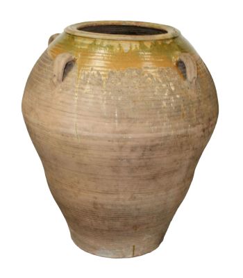 French slip glazed terra cotta olive oil jug. Mid 20th century. 37"h x 29"w Condition: Old 