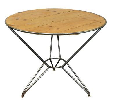 French gueridon table with pine top on hairpin legs. 29"h x 36" dia