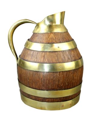 French miniature oak and brass-banded pitcher. Early 20th century. 8 1/2" h x 7" w x 5 3/4" diam 