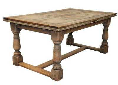 French barrel leg table with parquet top and pull-out leaves. Early 20th century. 29 7/8"h x 