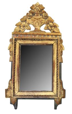 French Louis XVI style gilt wood mirror with flowering urn crest. Late 19h century. 25 3/4" h x 