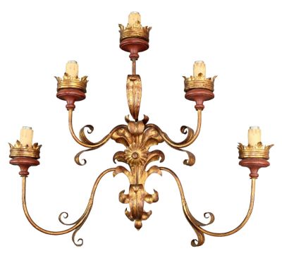 Italian gilt metal wall sconce. Italian gilt metal 5-arm wall sconce. Mid 20th century. 27"h x 