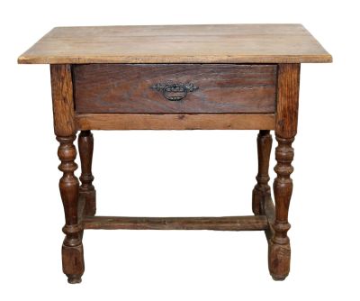 French Louis XIV oak side table with drawer. French Louis XIV rustic oak side table with drawer. 