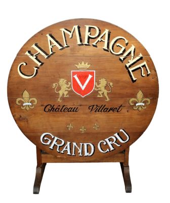 French vintner's table with hand painted Chateau Villard crest . 28"h x 40 3/4" dia