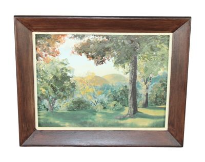 Oil on board landscape scene with trees signed lower left. Overall 16"h x 20"w, sight size 12"h 