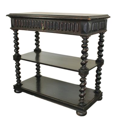 French barley twist tiered server in oak with a rubbed ebonized finish. French tiered server 