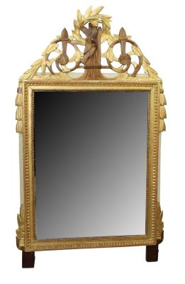 French Louis XVI gold leaf mirror with birds and laurel leaf wreath. Late 19th century. 47 1/4" 