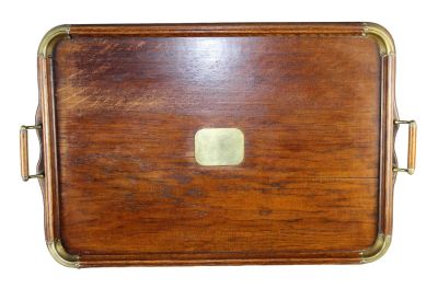 English oak tray with brass plaque and corners. English oak tray with handles. Brass plaque and 