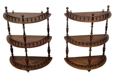 Pair of French demi-lune 3-tier etageres in walnut with gallery. Early 20th century. 26 1/2"h x 